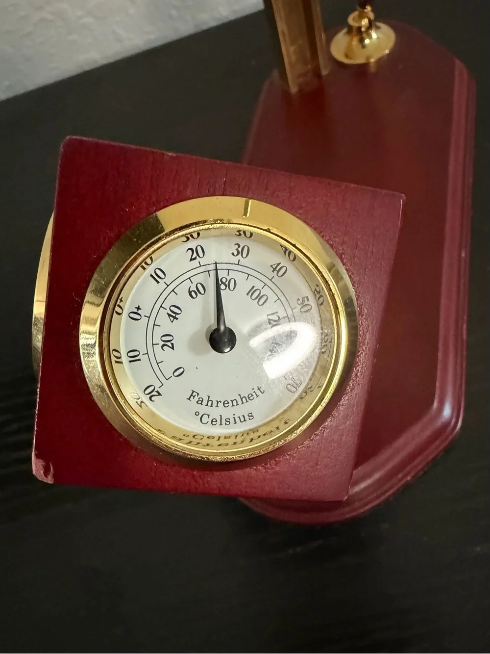 Vintage Wooden Executive Desk Organizer w/ Quartz Clock, Thermometer & Gold Pen